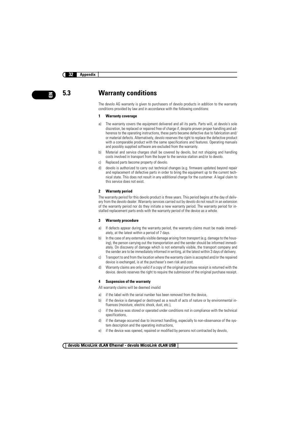 3 warranty conditions | Devolo MicroLink dLAN Ethernet User Manual | Page 32 / 33