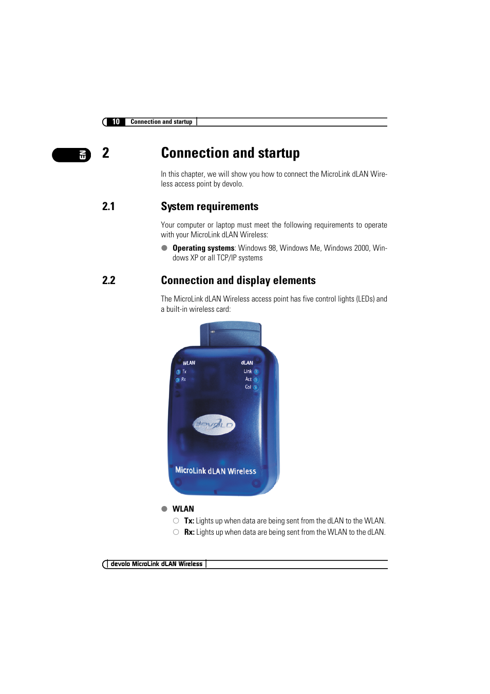 2 connection and startup, 1 system requirements, 2 connection and display elements | 2connection and startup | Devolo MicroLink dLAN Wireless User Manual | Page 10 / 38