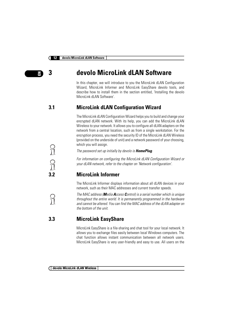 3 devolo microlink dlan software, 1 microlink dlan configuration wizard, 2 microlink informer | 3 microlink easyshare, 3devolo microlink dlan software | Devolo MicroLink dLAN Wireless User Manual | Page 12 / 38