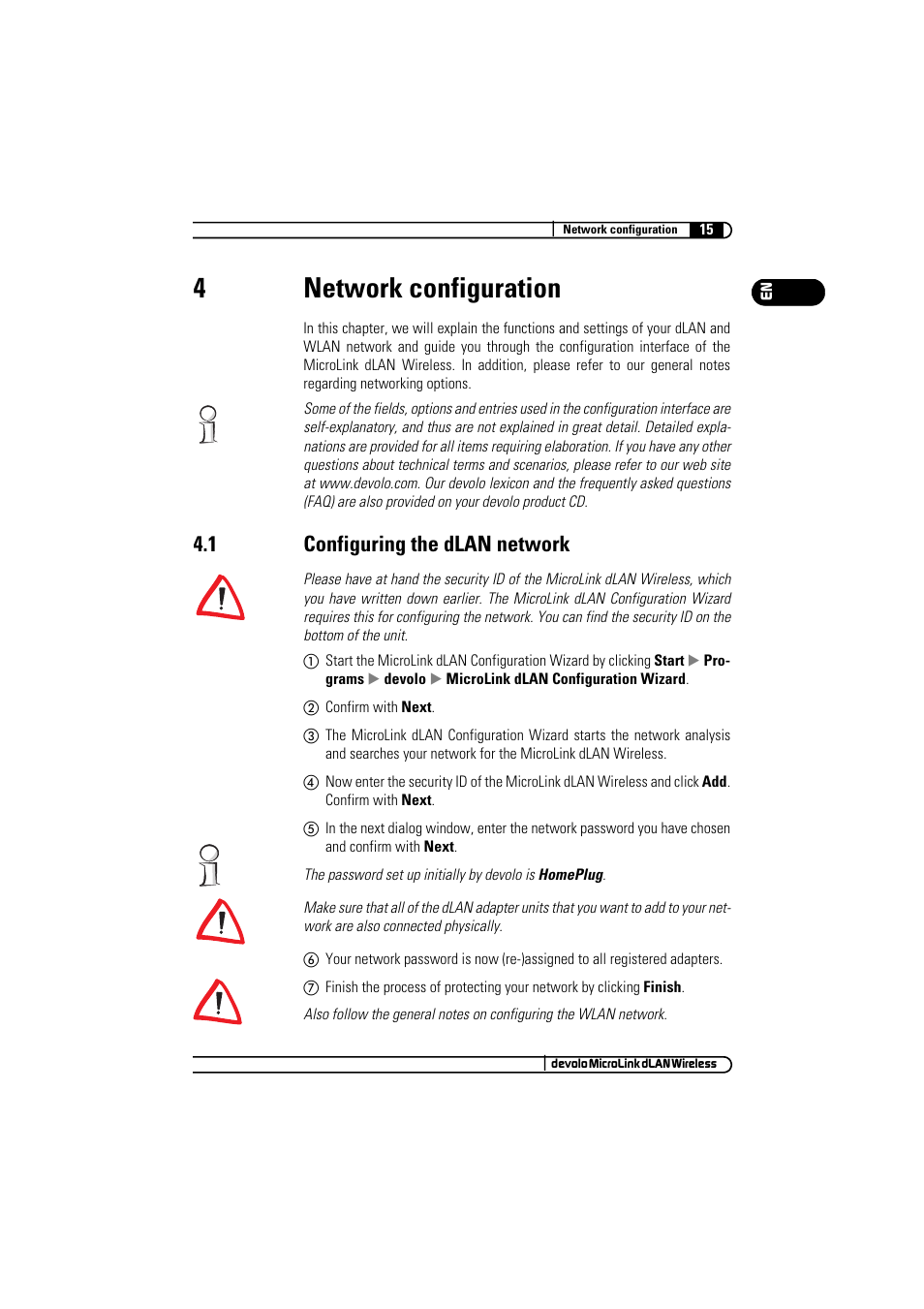 4 network configuration, 1 configuring the dlan network, 4network configuration | Devolo MicroLink dLAN Wireless User Manual | Page 15 / 38