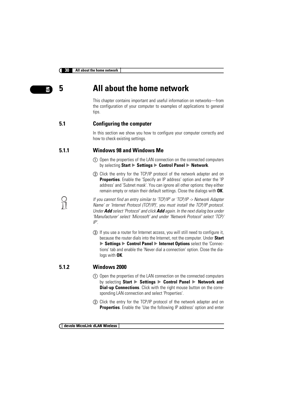 5 all about the home network, 1 configuring the computer, 1 windows 98 and windows me | 2 windows 2000, 1 windows 98 and windows me 5.1.2 windows 2000, 5all about the home network | Devolo MicroLink dLAN Wireless User Manual | Page 30 / 38