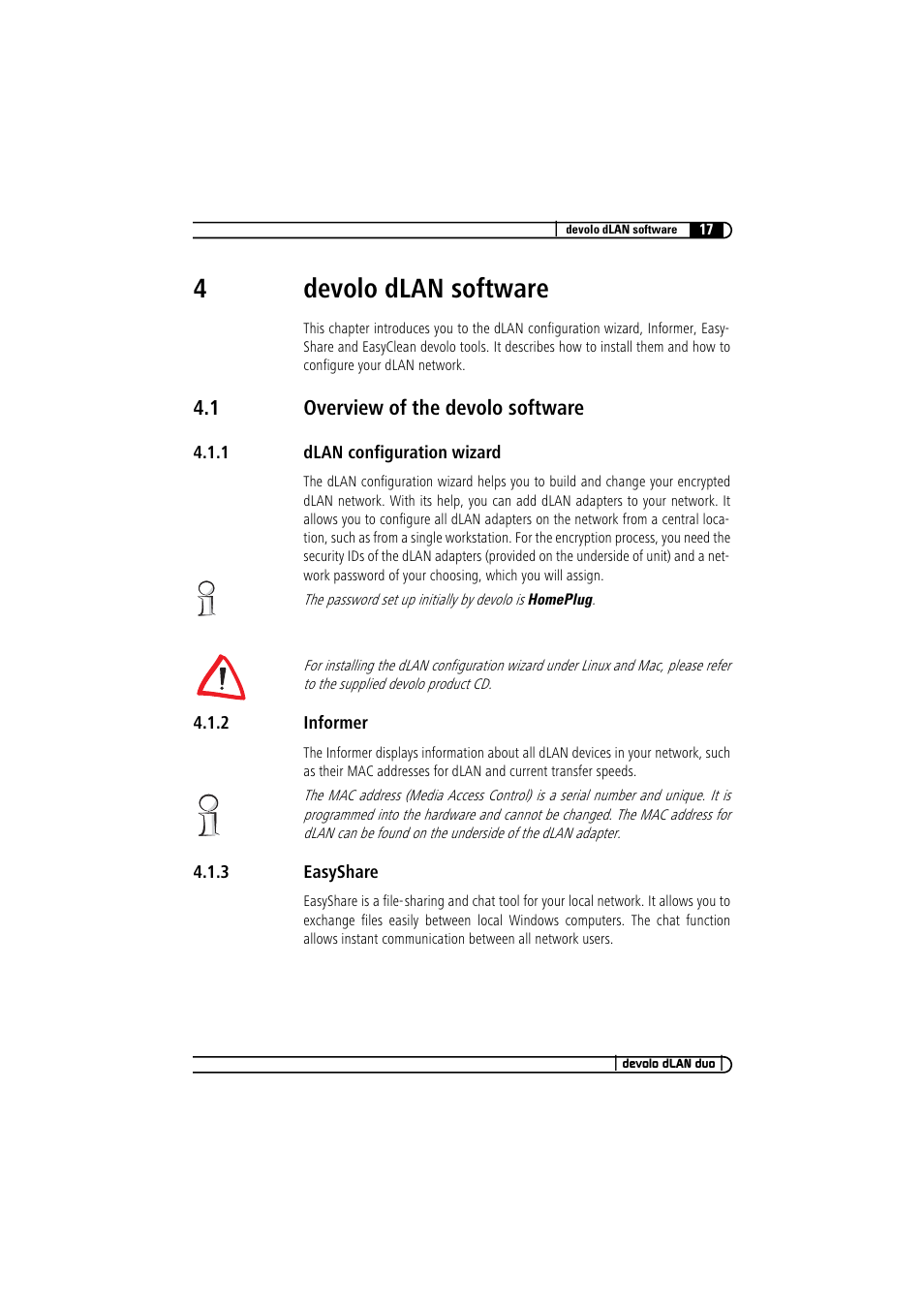 4 devolo dlan software, 1 overview of the devolo software, 1 dlan configuration wizard | 2 informer, 3 easyshare, Overview of the devolo software 4.1.1, Dlan configuration wizard, Informer, Easyshare, 4devolo dlan software | Devolo dLAN duo User Manual | Page 17 / 29