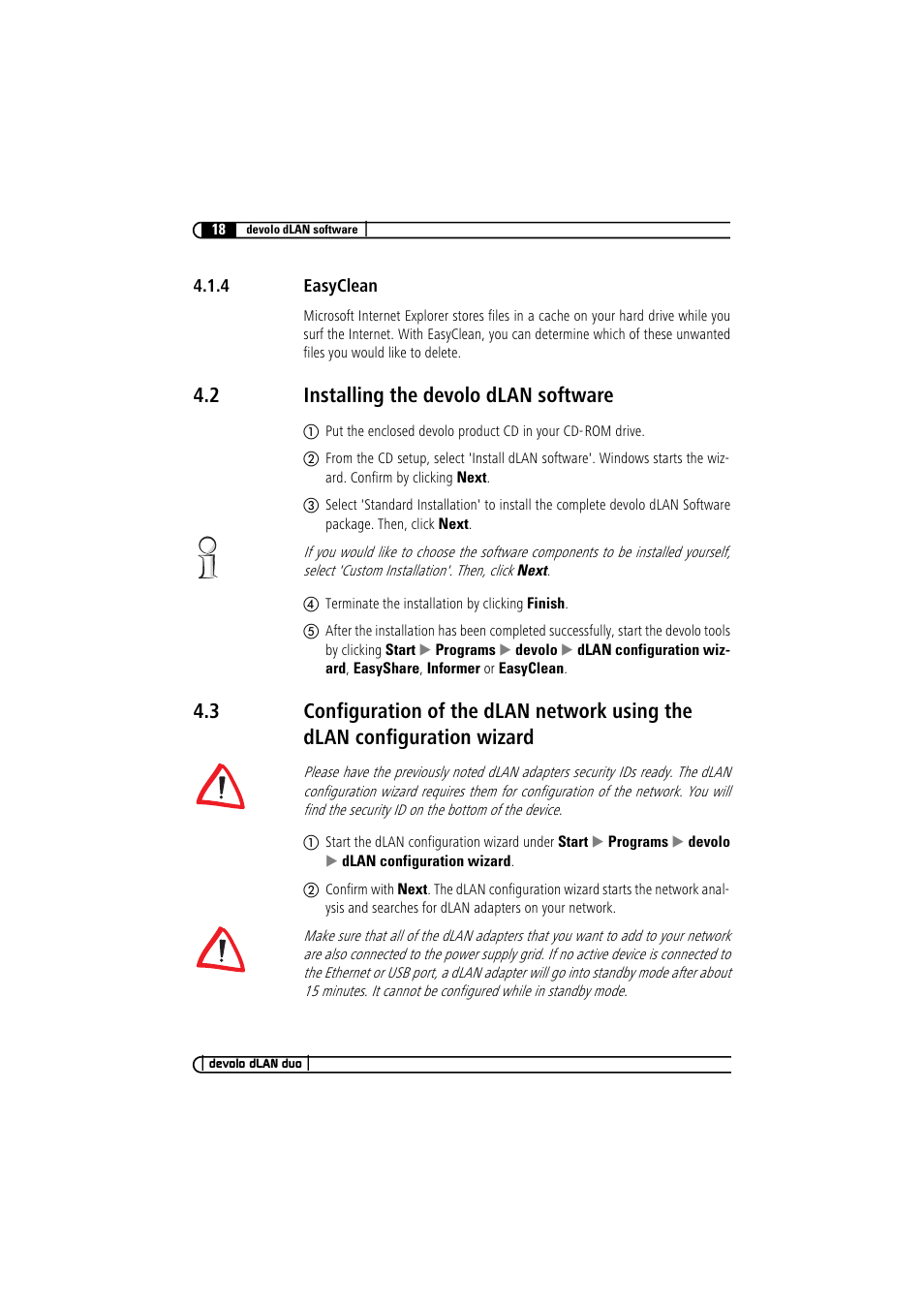 4 easyclean, 2 installing the devolo dlan software, Easyclean | Installing the devolo dlan software, Configuration of the dlan network using the dlan, Configuration wizard | Devolo dLAN duo User Manual | Page 18 / 29