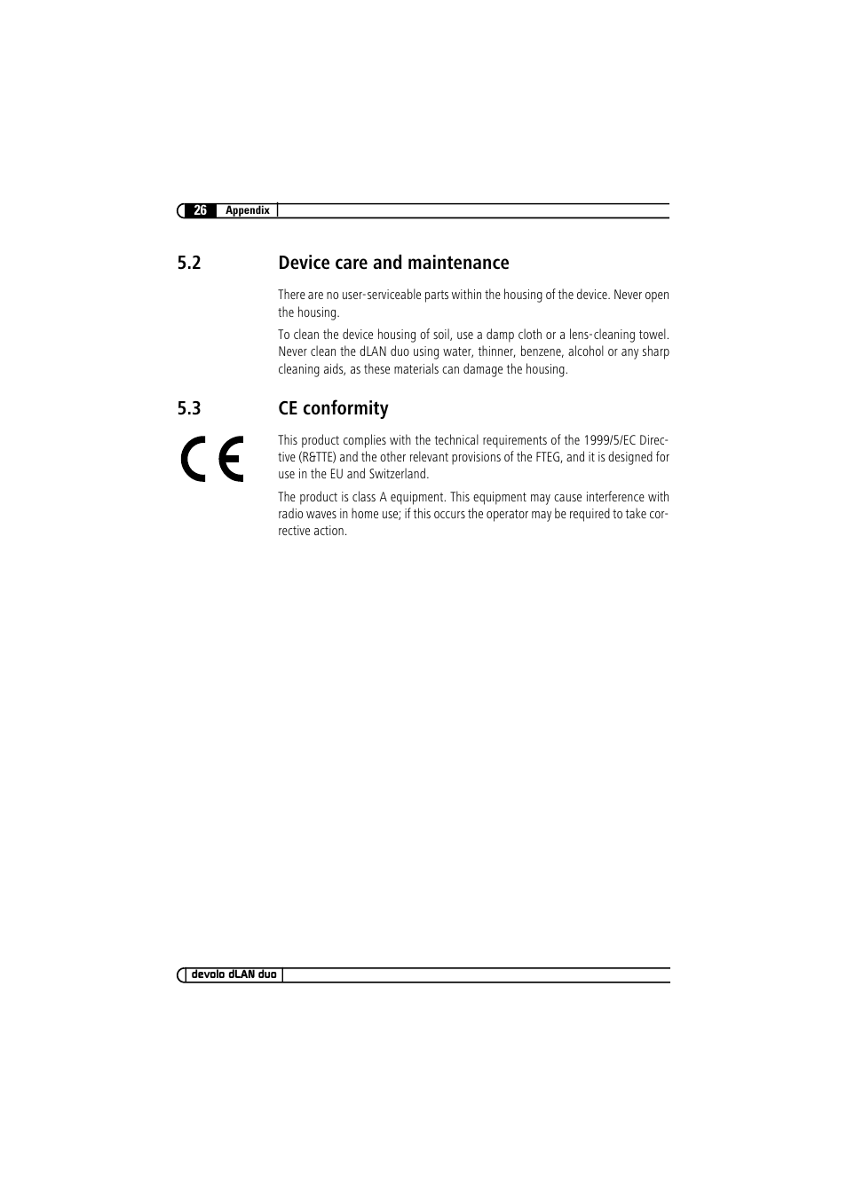 2 device care and maintenance, 3 ce conformity, Device care and maintenance | Ce conformity | Devolo dLAN duo User Manual | Page 26 / 29