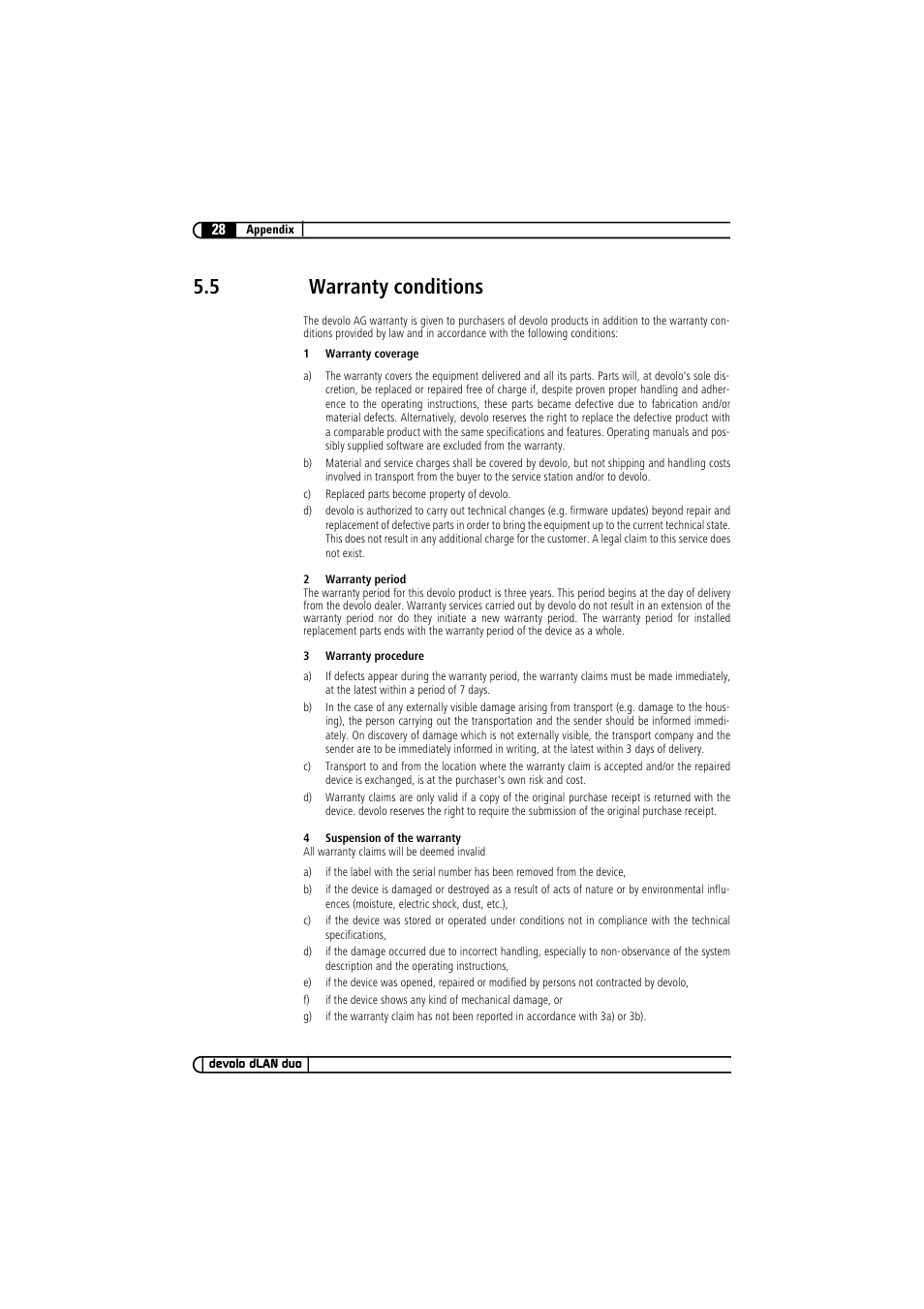 5 warranty conditions, Warranty conditions | Devolo dLAN duo User Manual | Page 28 / 29