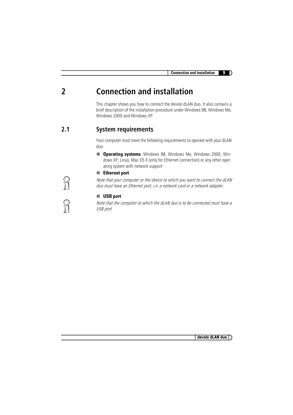 2 connection and installation, 1 system requirements, System requirements | 2connection and installation | Devolo dLAN duo User Manual | Page 9 / 29