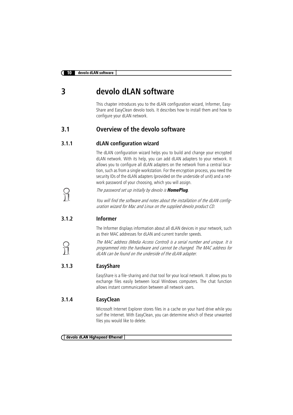 3 devolo dlan software, 1 overview of the devolo software, 1 dlan configuration wizard | 2 informer, 3 easyshare, 4 easyclean, Overview of the devolo software 3.1.1, Dlan configuration wizard, Informer, Easyshare | Devolo dLAN Highspeed Ethernet User Manual | Page 10 / 25