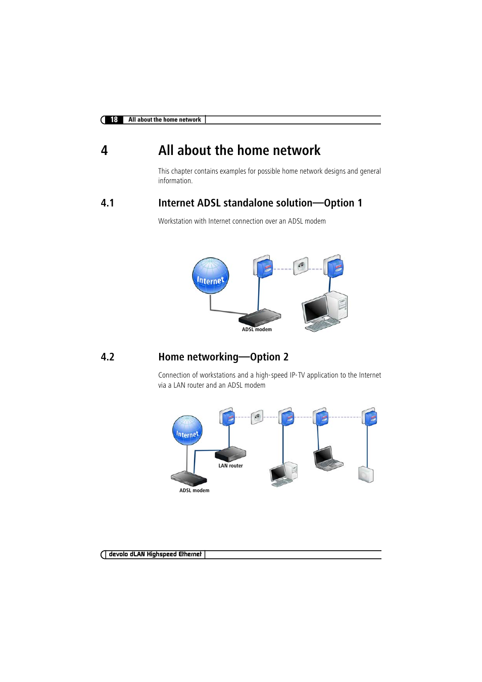 4 all about the home network, 1 internet adsl standalone solution-option 1, 2 home networking-option 2 | Internet adsl standalone solution—option 1, Home networking—option 2, 4all about the home network, 1 internet adsl standalone solution—option 1, 2 home networking—option 2 | Devolo dLAN Highspeed Ethernet User Manual | Page 18 / 25