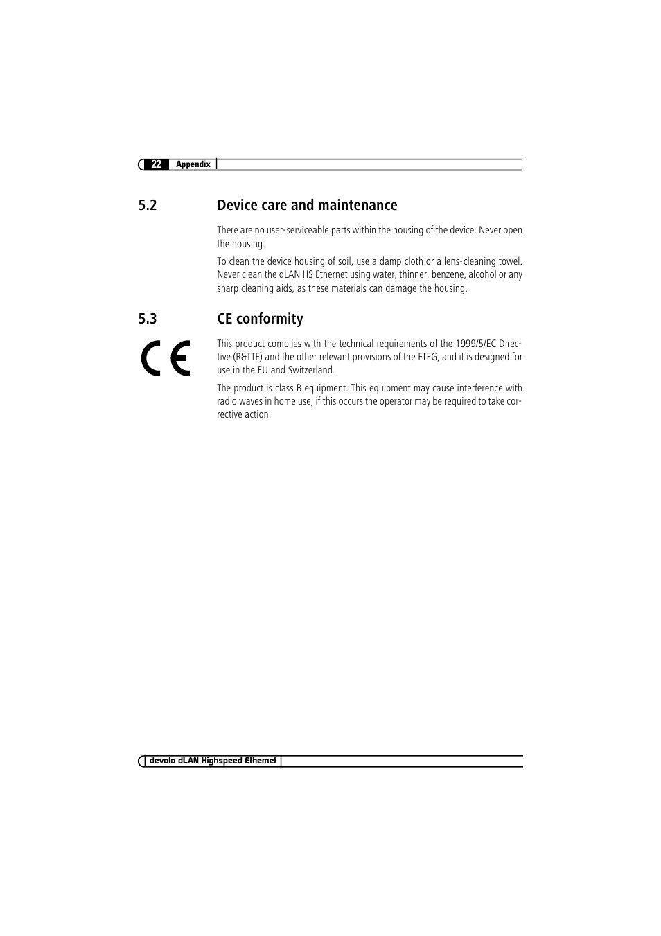 2 device care and maintenance, 3 ce conformity, Device care and maintenance | Ce conformity | Devolo dLAN Highspeed Ethernet User Manual | Page 22 / 25