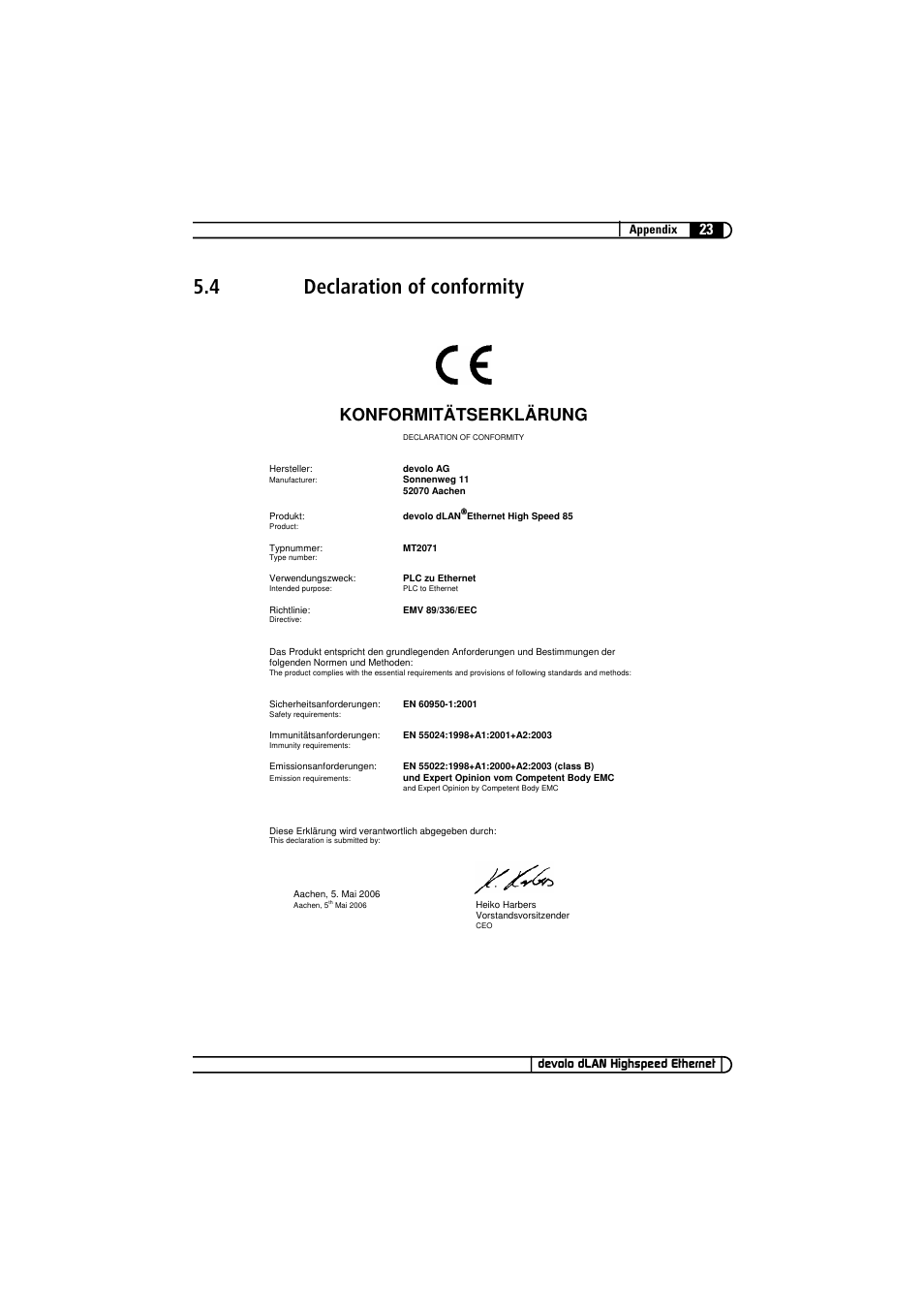 4 declaration of conformity, Declaration of conformity, Konformitätserklärung | Devolo dLAN Highspeed Ethernet User Manual | Page 23 / 25