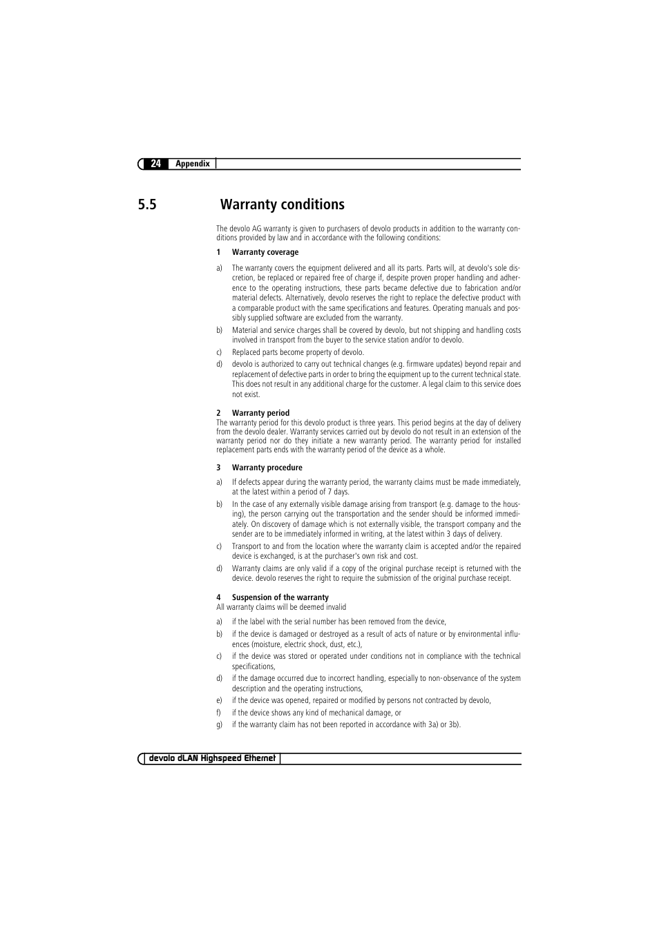5 warranty conditions, Warranty conditions | Devolo dLAN Highspeed Ethernet User Manual | Page 24 / 25