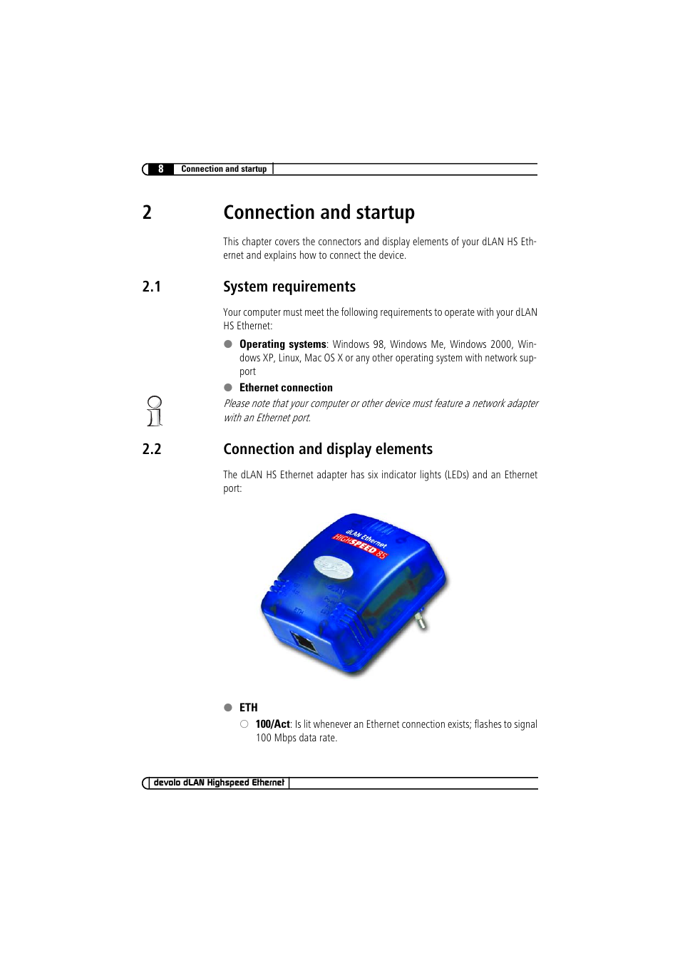 2 connection and startup, 1 system requirements, 2 connection and display elements | System requirements, Connection and display elements, 2connection and startup | Devolo dLAN Highspeed Ethernet User Manual | Page 8 / 25