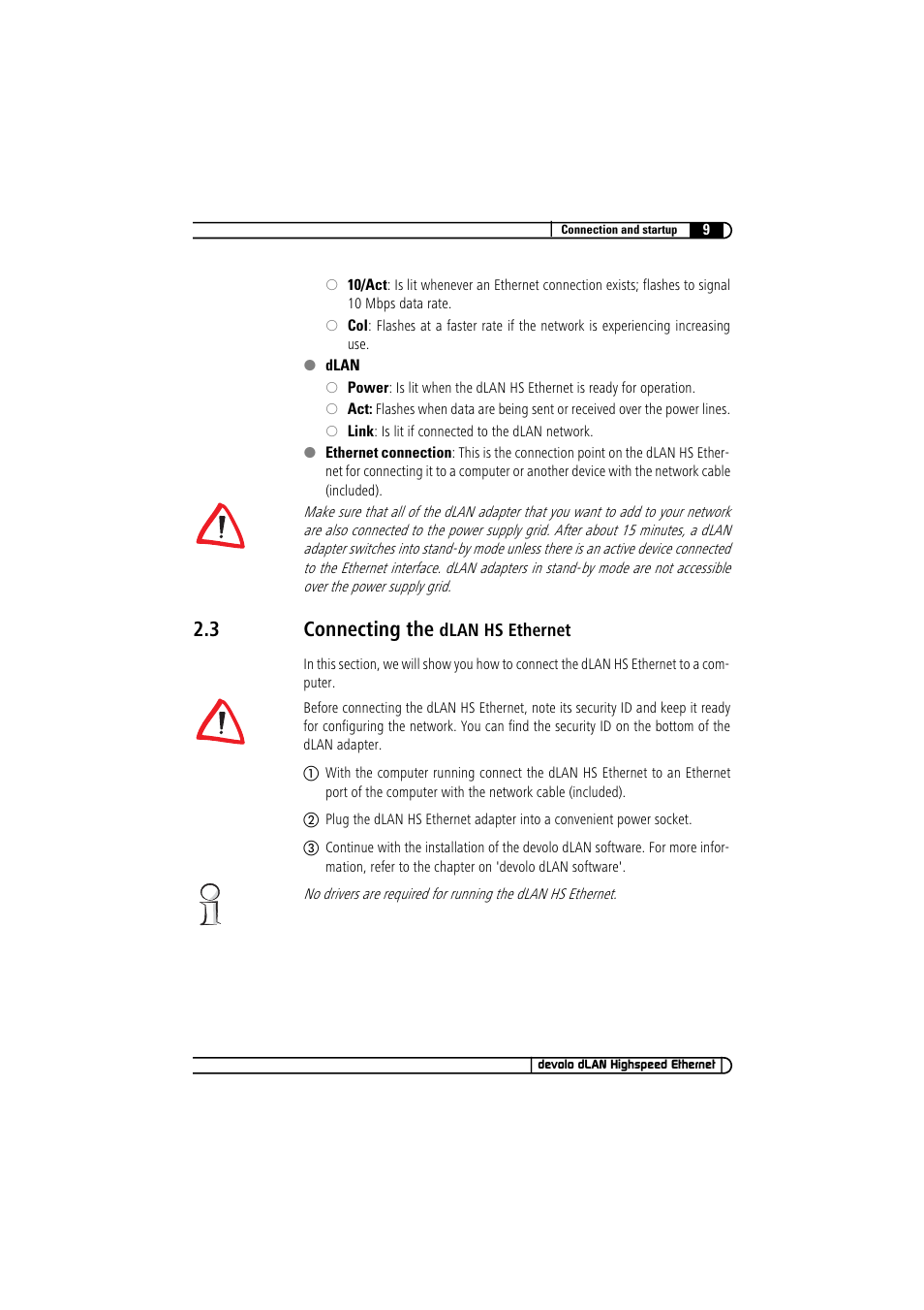 3 connecting the dlan hs ethernet, Connecting the dlan hs ethernet, 3 connecting the | Devolo dLAN Highspeed Ethernet User Manual | Page 9 / 25