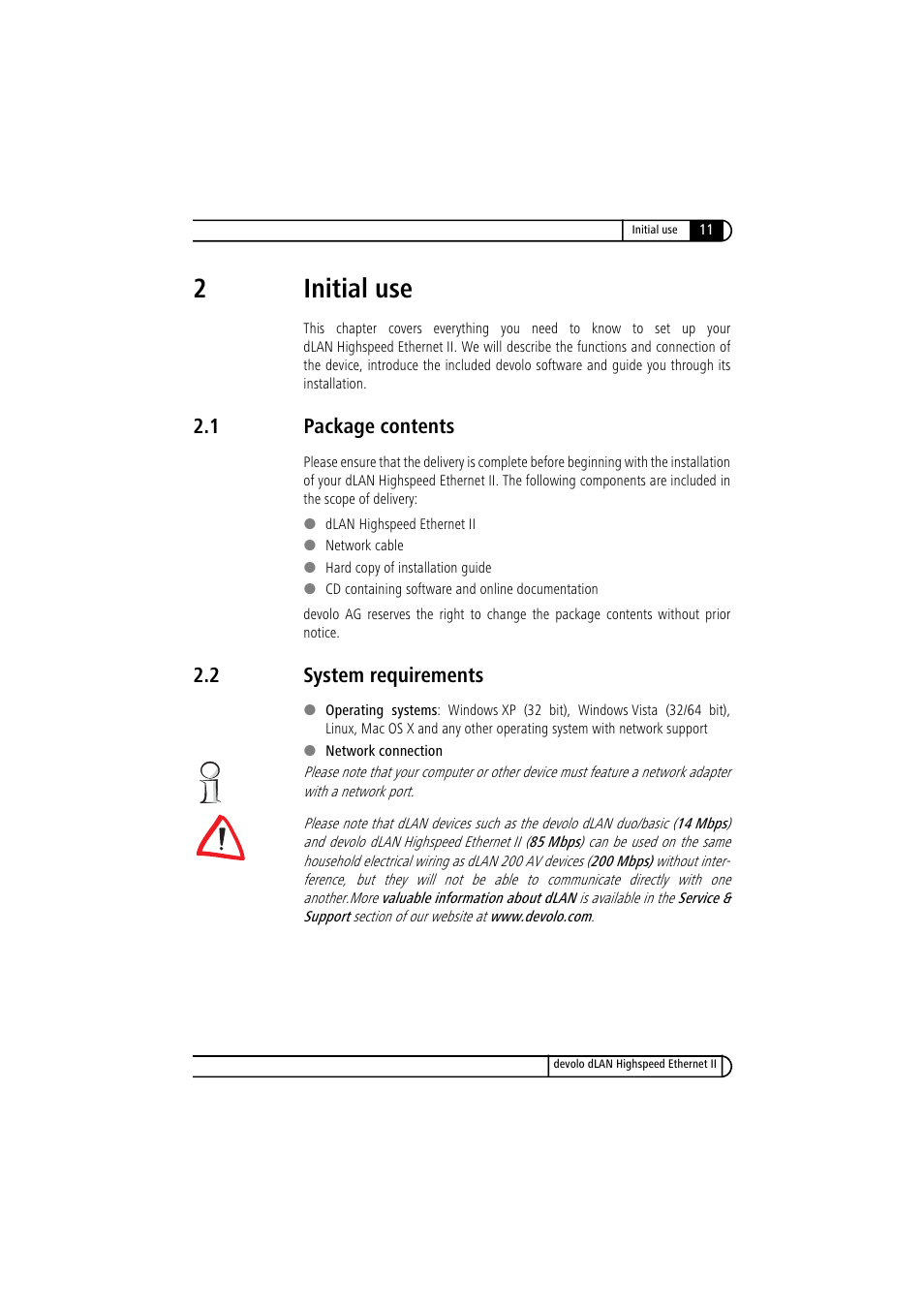 2 initial use, 1 package contents, 2 system requirements | Package contents, System requirements, 2initial use | Devolo dLAN Highspeed Ethernet II User Manual | Page 11 / 27