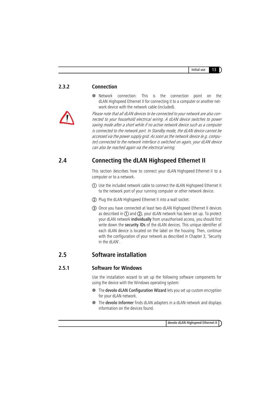 2 connection, 4 connecting the dlan highspeed ethernet ii, 5 software installation | 1 software for windows, Connection, Connecting the dlan highspeed ethernet ii, Software installation 2.5.1, Software for windows | Devolo dLAN Highspeed Ethernet II User Manual | Page 13 / 27