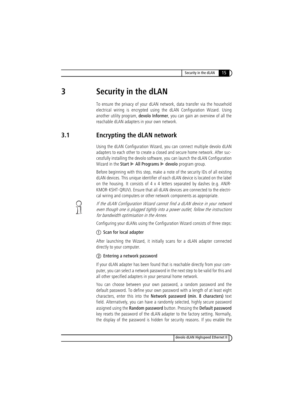 3 security in the dlan, 1 encrypting the dlan network, Encrypting the dlan network | 3security in the dlan | Devolo dLAN Highspeed Ethernet II User Manual | Page 15 / 27