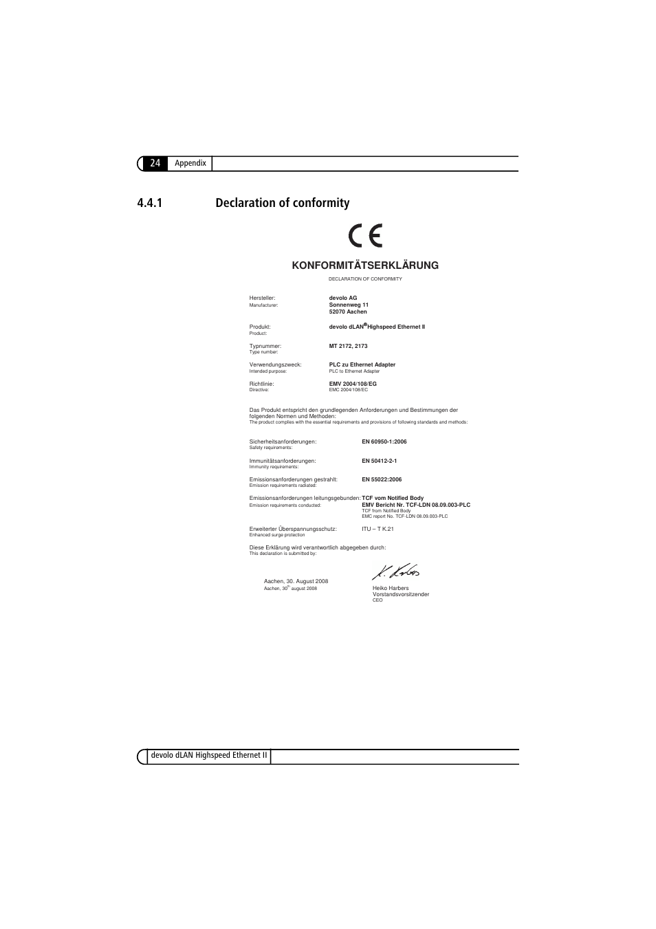 1 declaration of conformity, Declaration of conformity, Konformitätserklärung | Appendix, Devolo dlan highspeed ethernet ii | Devolo dLAN Highspeed Ethernet II User Manual | Page 24 / 27