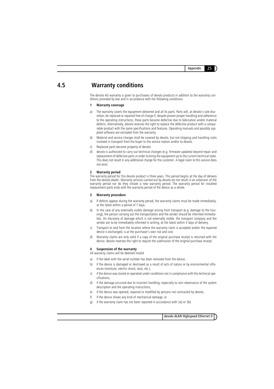 5 warranty conditions, Warranty conditions | Devolo dLAN Highspeed Ethernet II User Manual | Page 25 / 27