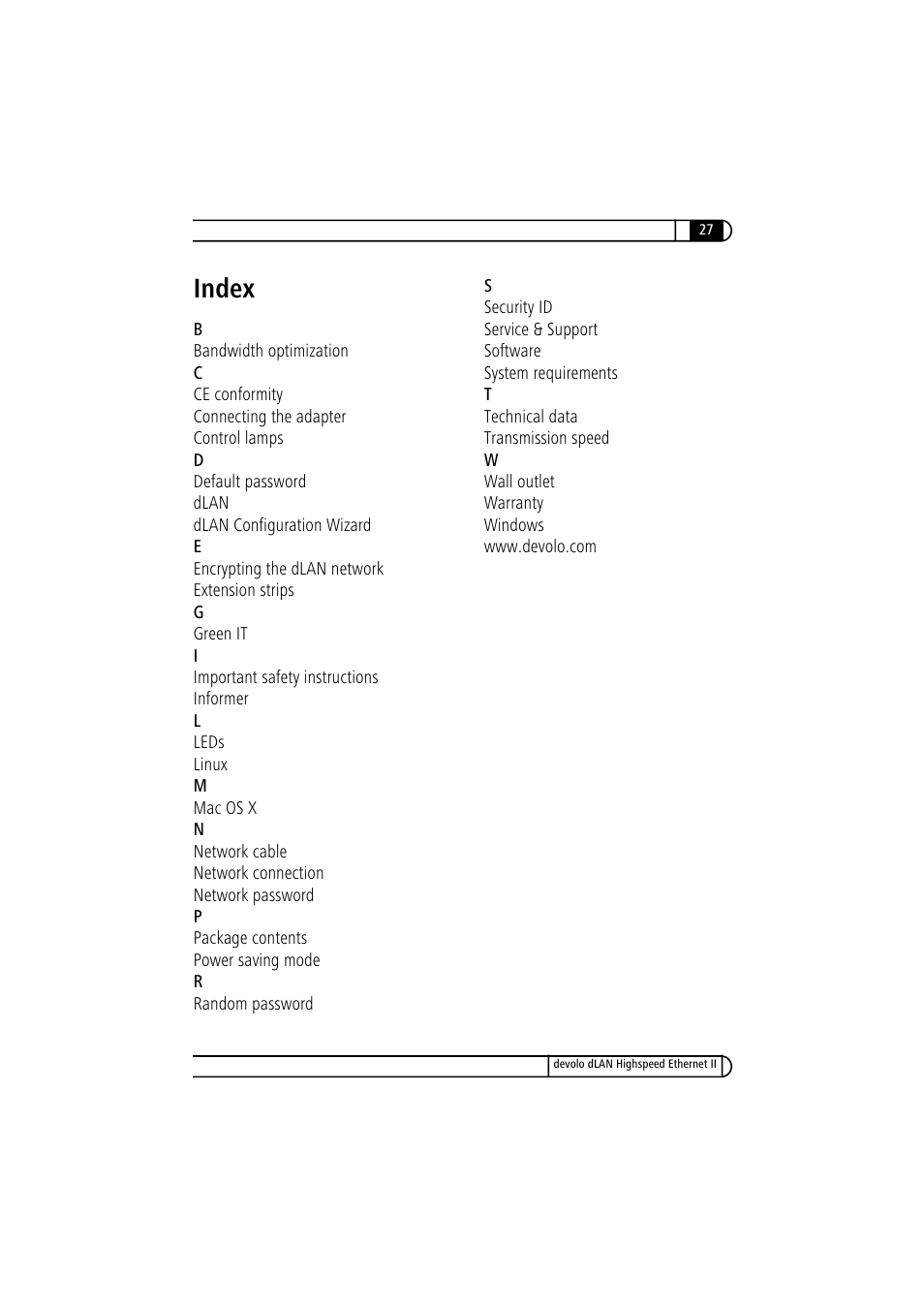 Index | Devolo dLAN Highspeed Ethernet II User Manual | Page 27 / 27