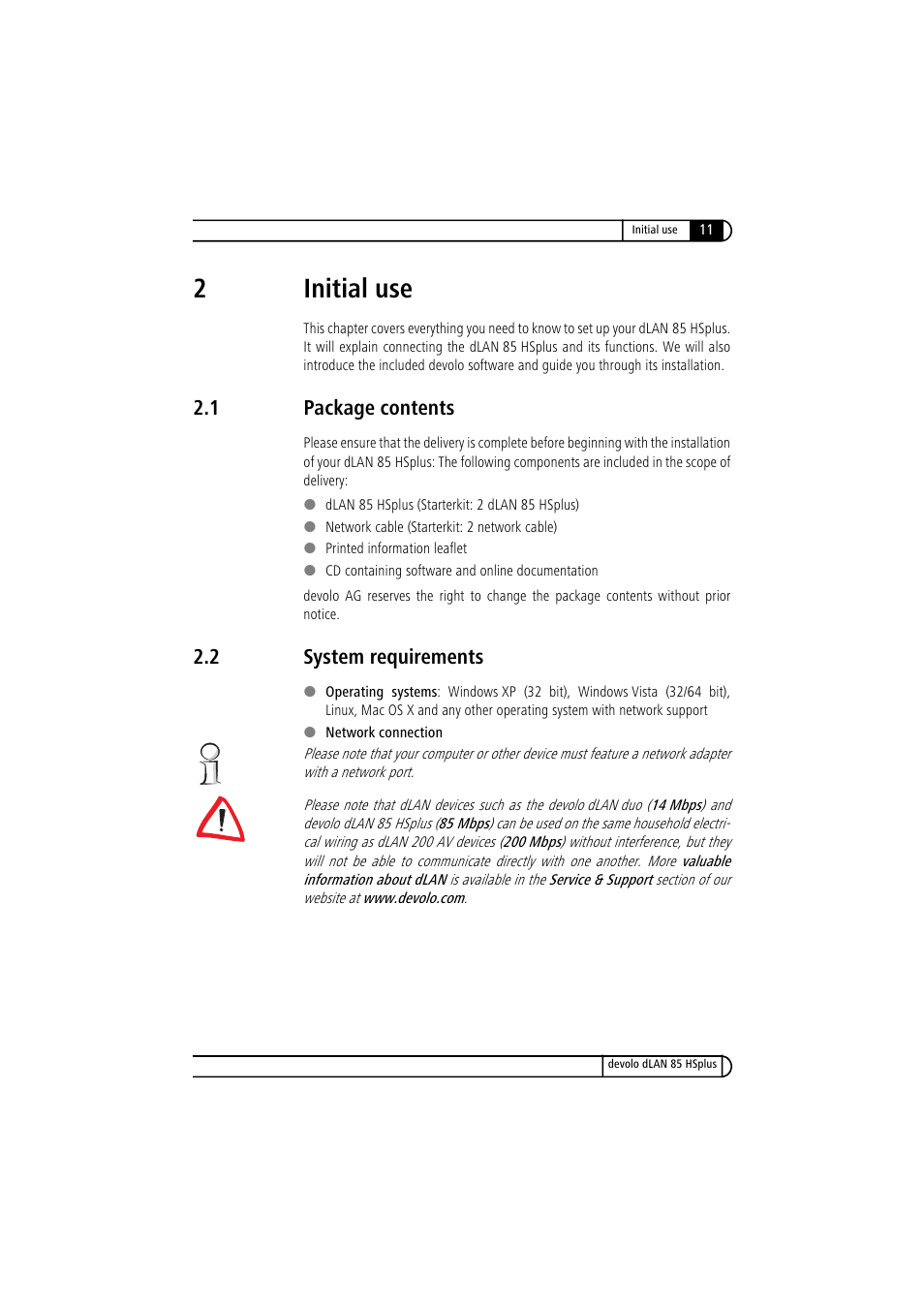 2 initial use, 1 package contents, 2 system requirements | Package contents, System requirements, 2initial use | Devolo dLAN 85 HSplus User Manual | Page 11 / 26