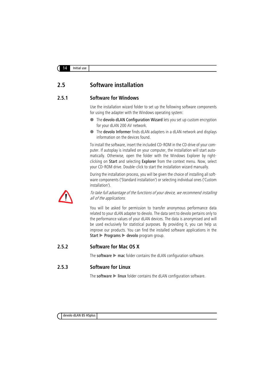 5 software installation, 1 software for windows, 2 software for mac os x | 3 software for linux, Software installation 2.5.1, Software for windows, Software for mac os x, Software for linux | Devolo dLAN 85 HSplus User Manual | Page 14 / 26