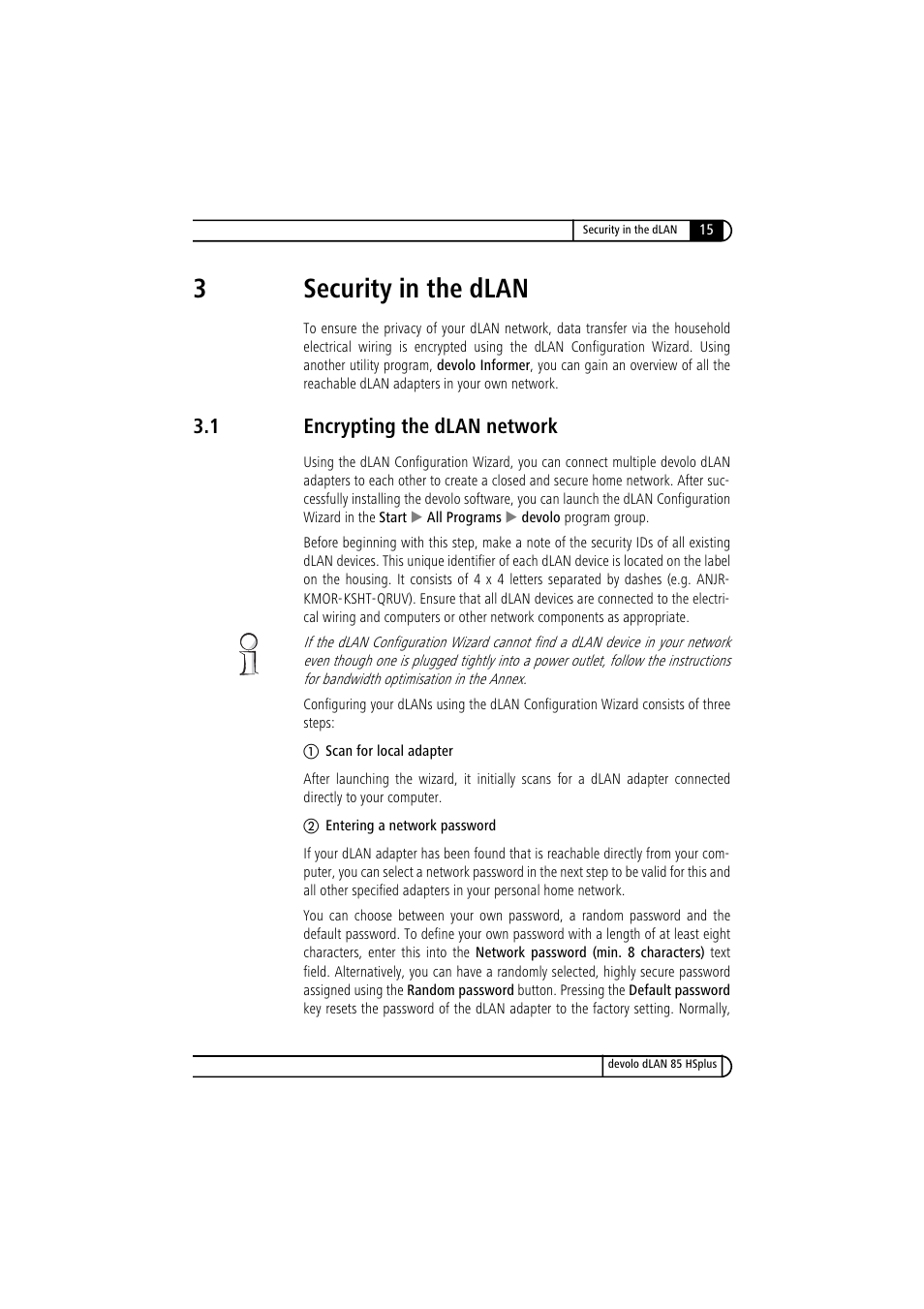 3 security in the dlan, 1 encrypting the dlan network, Encrypting the dlan network | 3security in the dlan | Devolo dLAN 85 HSplus User Manual | Page 15 / 26