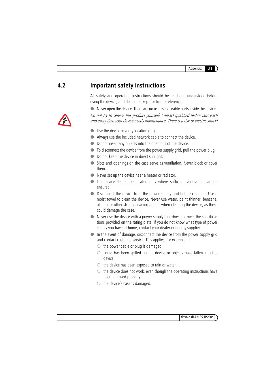 2 important safety instructions, Important safety instructions | Devolo dLAN 85 HSplus User Manual | Page 21 / 26