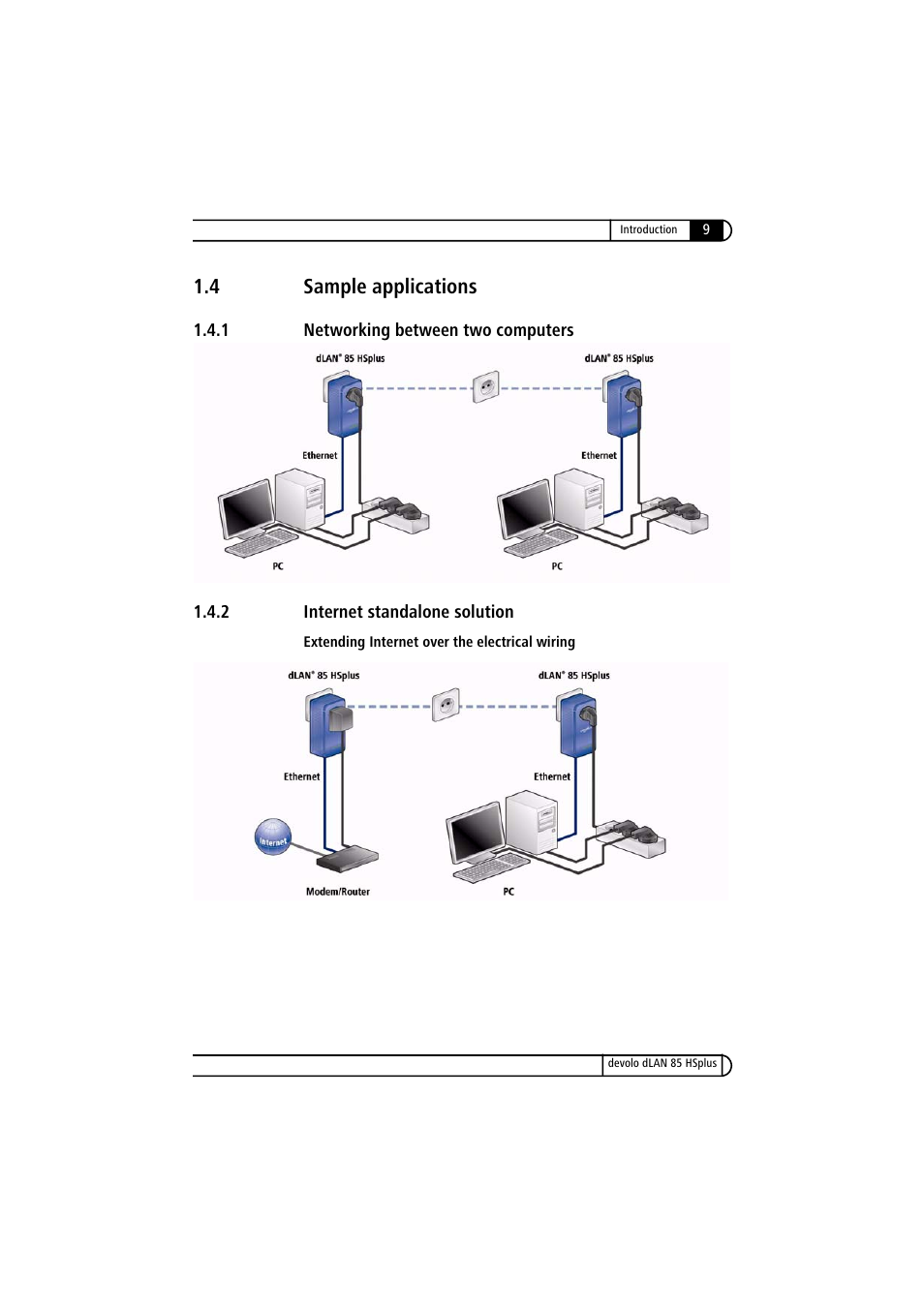 4 sample applications, 1 networking between two computers, 2 internet standalone solution | Sample applications 1.4.1, Networking between two computers, Internet standalone solution | Devolo dLAN 85 HSplus User Manual | Page 9 / 26