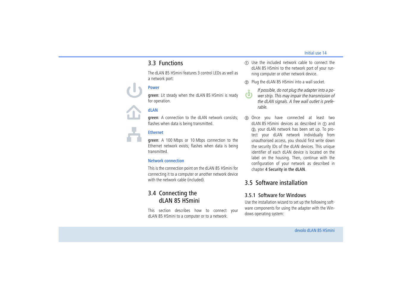 3 functions, 4 connecting the dlan 85 hsmini, 5 software installation | 1 software for windows, Functions, Connecting the dlan 85 hsmini, Software installation 3.5.1, Software for windows | Devolo dLAN 85 HSmini User Manual | Page 15 / 28