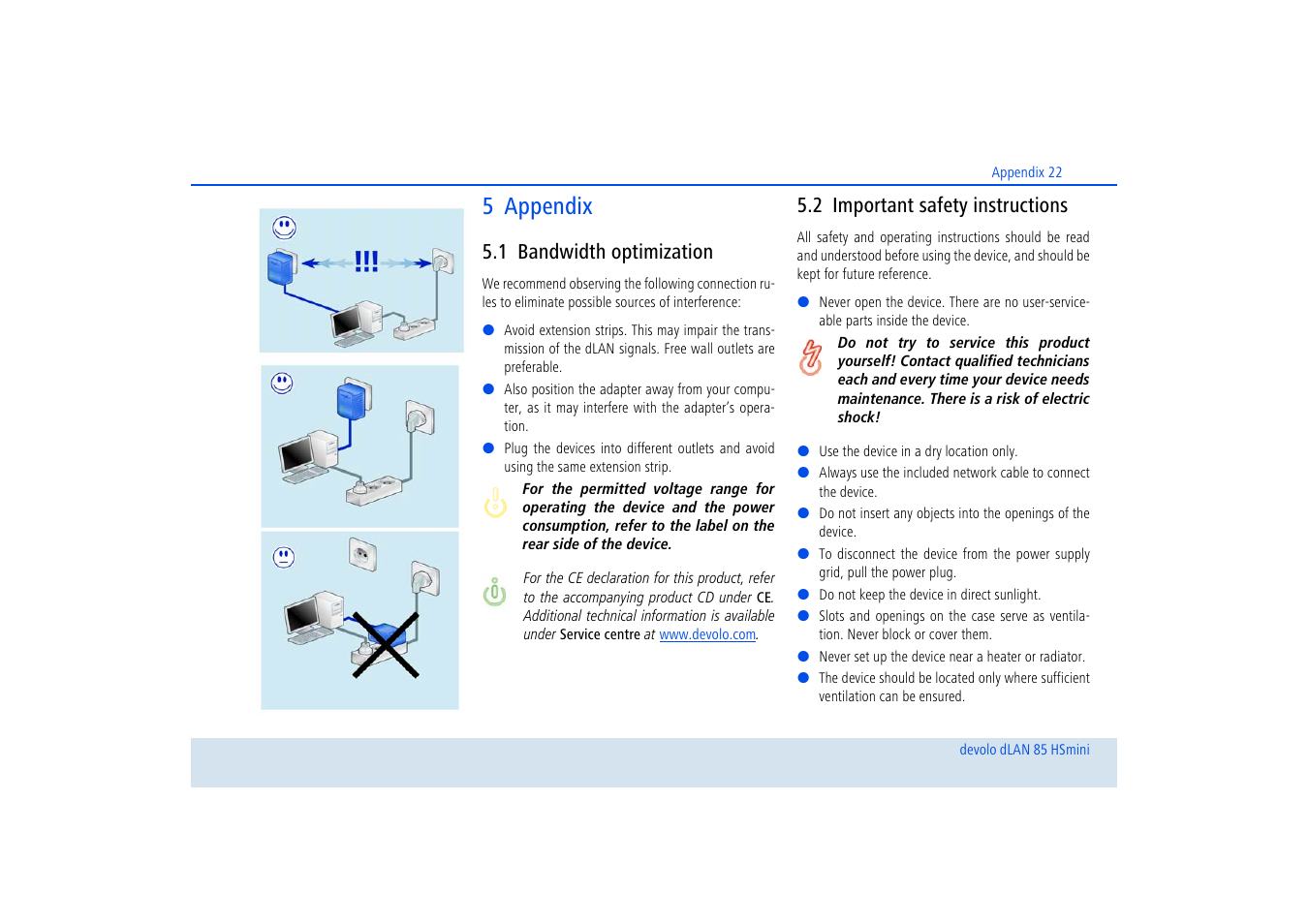 5 appendix, 1 bandwidth optimization, 2 important safety instructions | Bandwidth optimization, Important safety instructions | Devolo dLAN 85 HSmini User Manual | Page 23 / 28