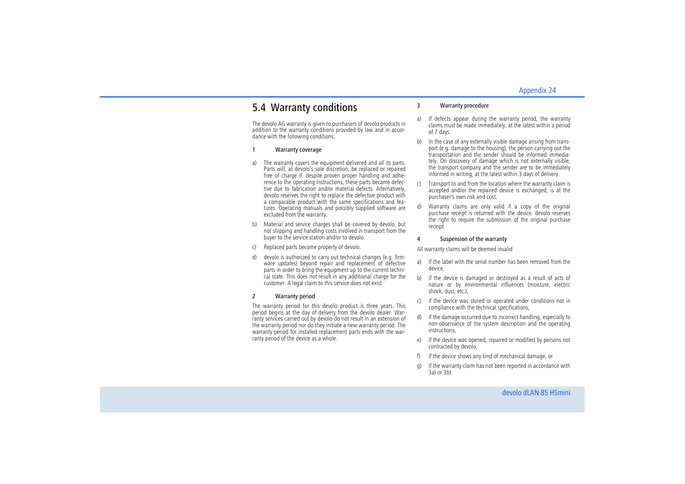 4 warranty conditions, Warranty conditions | Devolo dLAN 85 HSmini User Manual | Page 25 / 28