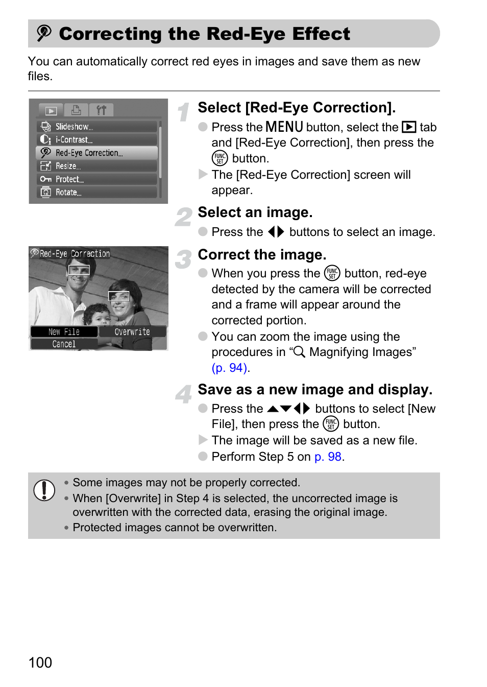Correcting the red-eye effect, P. 100), Canno | Select [red-eye correction, Select an image, Correct the image, Save as a new image and display | Canon A1100 IS User Manual | Page 100 / 131