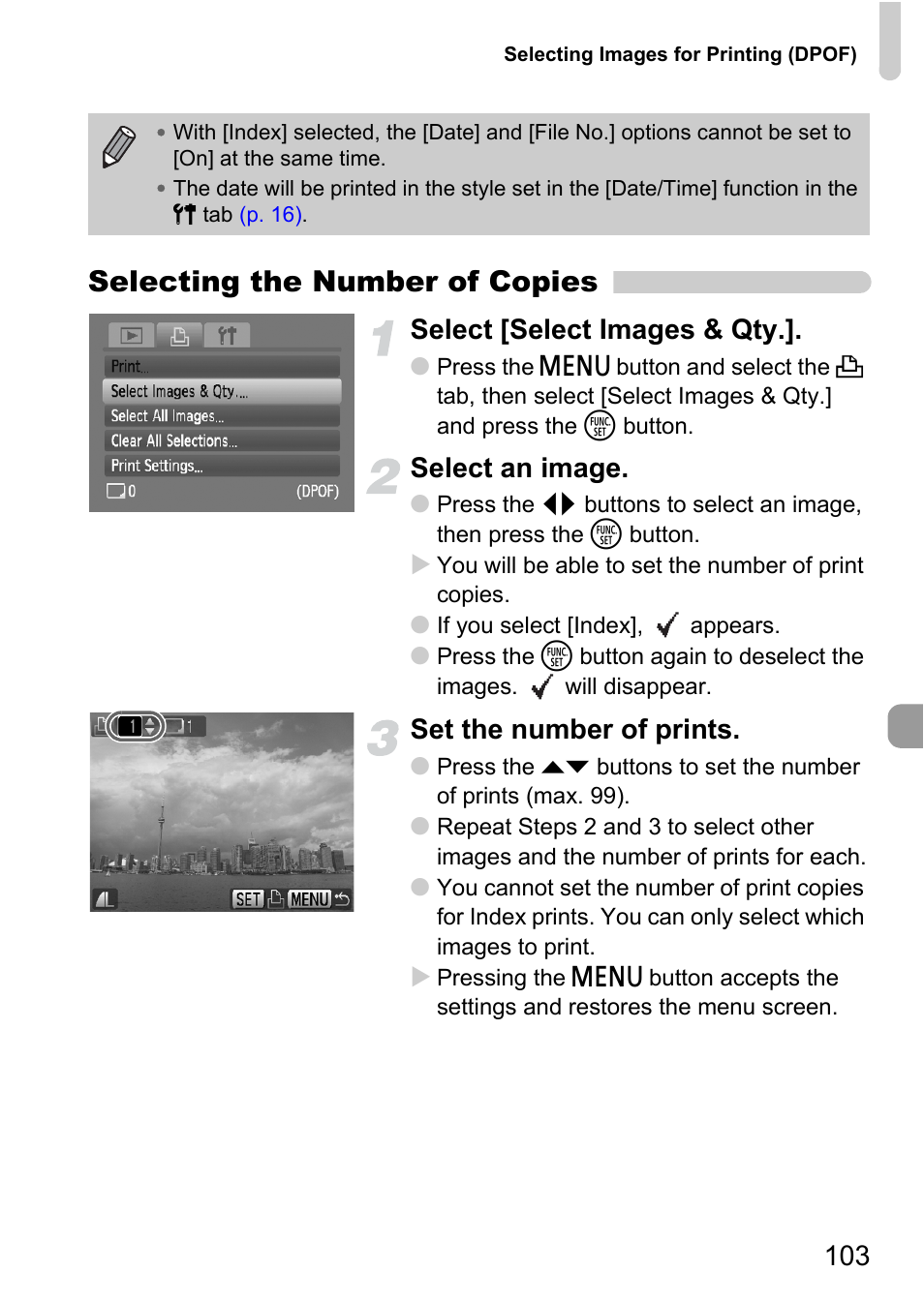 Selecting the number of copies, Select [select images & qty, Select an image | Set the number of prints | Canon A1100 IS User Manual | Page 103 / 131