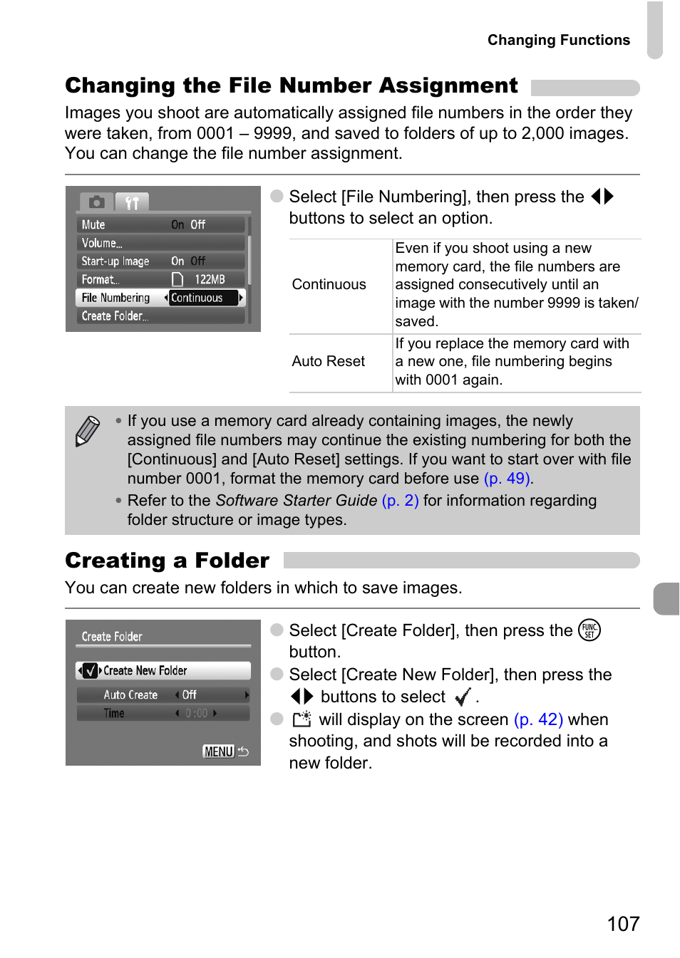 Te folder, P. 107), Changing the file number assignment | Creating a folder | Canon A1100 IS User Manual | Page 107 / 131