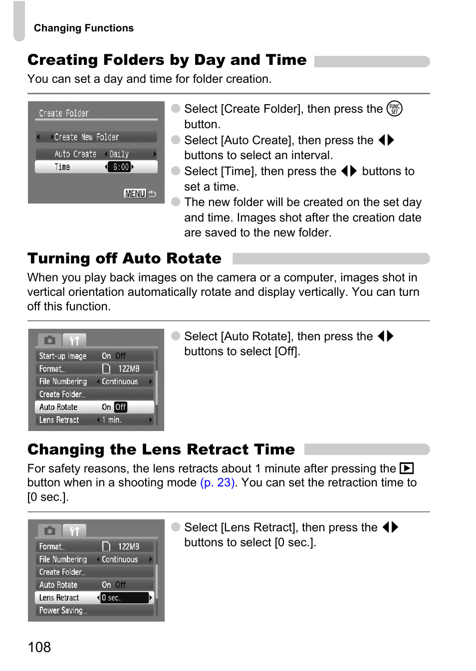 Creating folders by day and time, Turning off auto rotate, Changing the lens retract time | Canon A1100 IS User Manual | Page 108 / 131