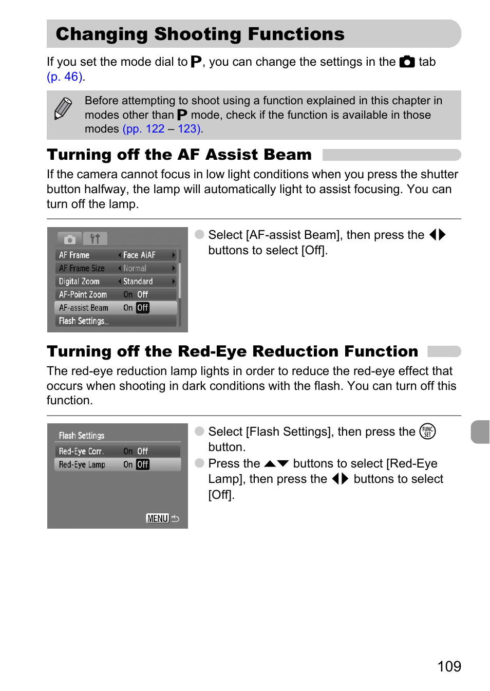 Changing shooting functions, P. 109), Turning off the af assist beam | Turning off the red-eye reduction function | Canon A1100 IS User Manual | Page 109 / 131