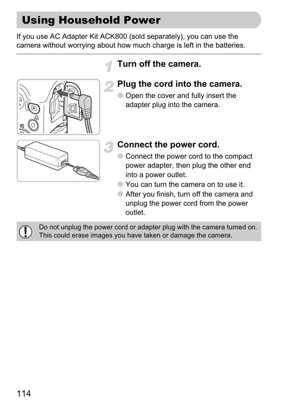 Using household power, Terminal, P. 114) | Canon A1100 IS User Manual | Page 114 / 131