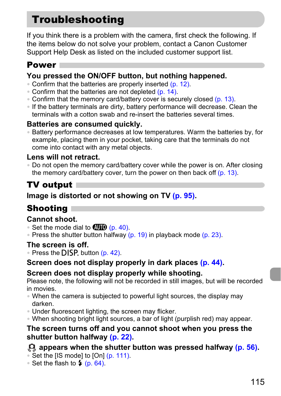 Troubleshooting, Power, Tv output | Shooting | Canon A1100 IS User Manual | Page 115 / 131