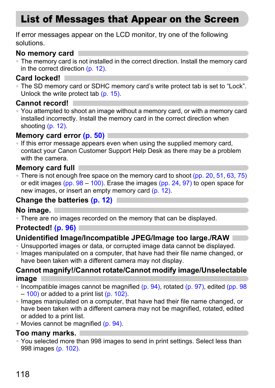 List of messages that appear on the screen | Canon A1100 IS User Manual | Page 118 / 131
