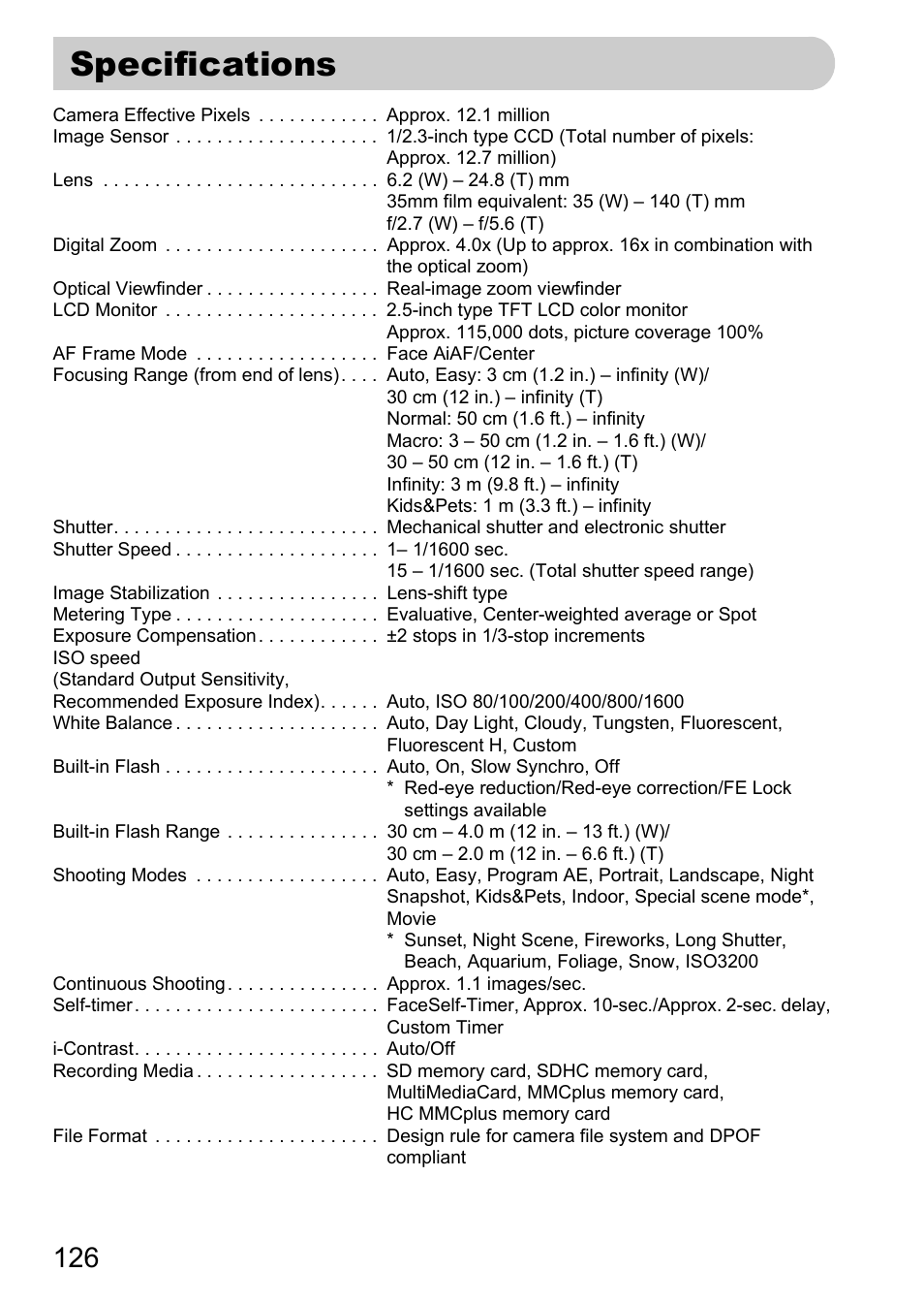 Specifications, P. 126) | Canon A1100 IS User Manual | Page 126 / 131