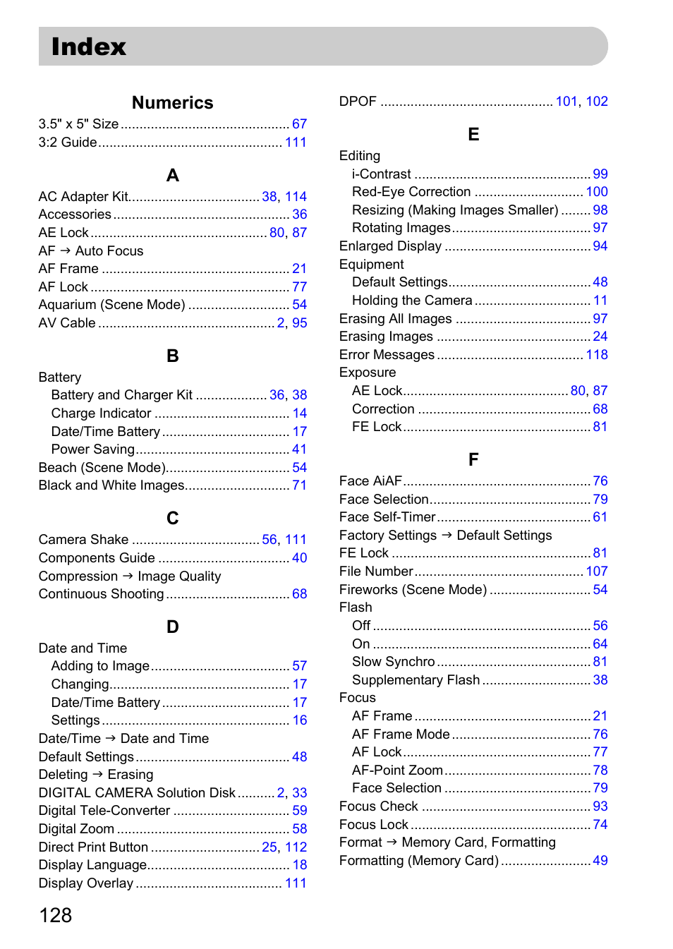 Index, Numerics | Canon A1100 IS User Manual | Page 128 / 131