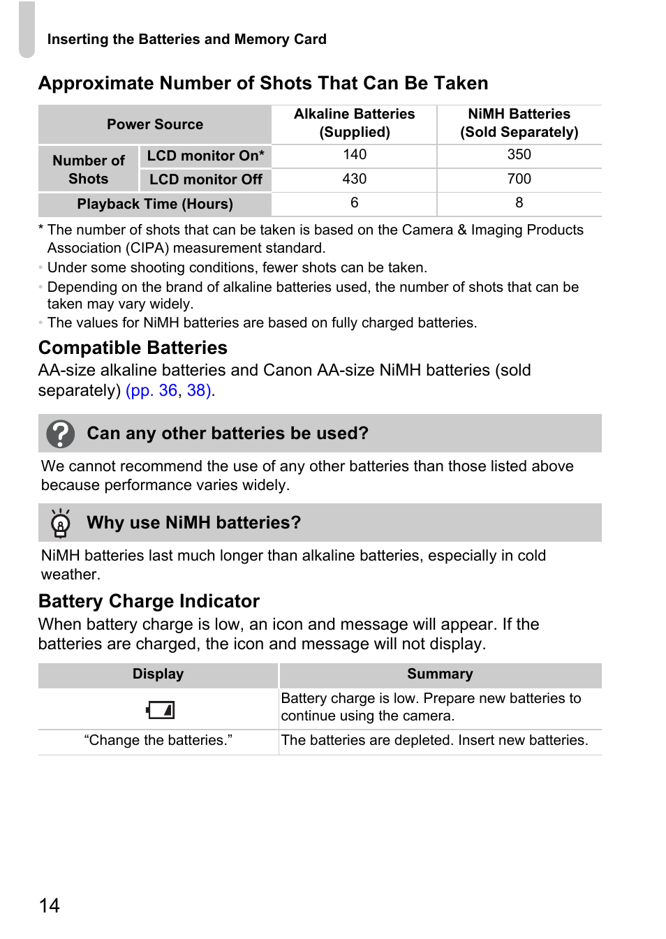 Approximate number of shots that can be taken, Compatible batteries, Battery charge indicator | Canon A1100 IS User Manual | Page 14 / 131