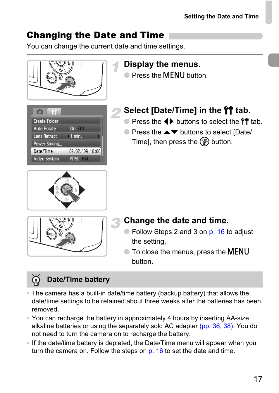 Changing the date and time, Display the menus, Select [date/time] in the 3 tab | Change the date and time | Canon A1100 IS User Manual | Page 17 / 131