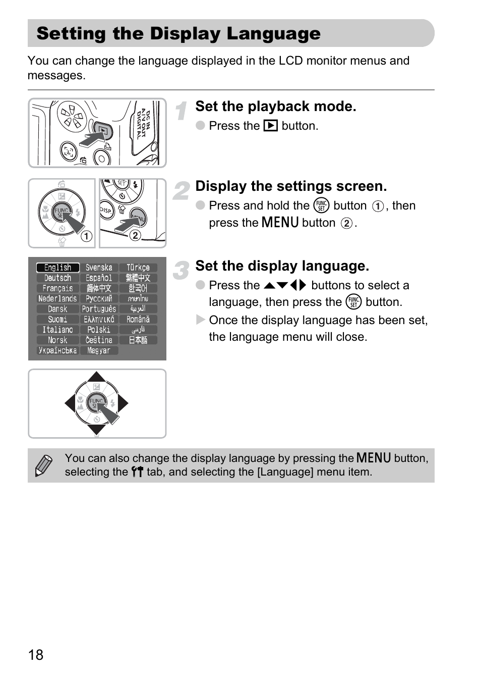 Setting the display language, Set the playback mode, Display the settings screen | Set the display language | Canon A1100 IS User Manual | Page 18 / 131