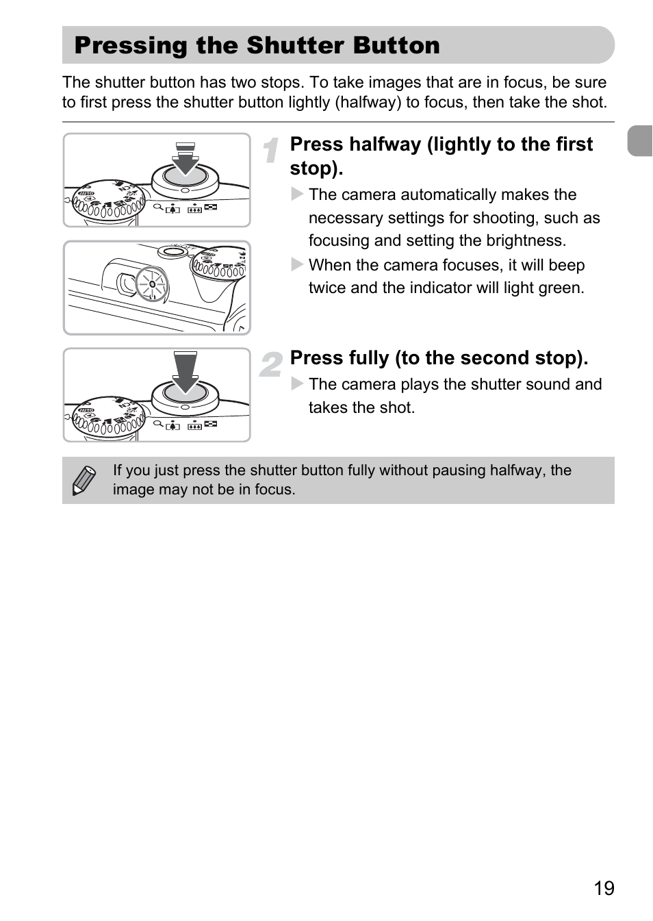 Pressing the shutter button | Canon A1100 IS User Manual | Page 19 / 131