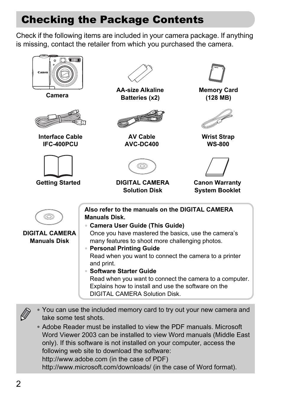 Checking the package contents | Canon A1100 IS User Manual | Page 2 / 131