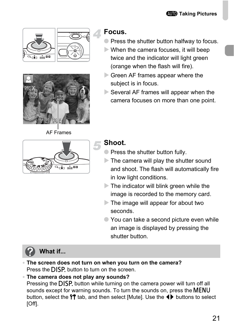 21 focus, Shoot | Canon A1100 IS User Manual | Page 21 / 131