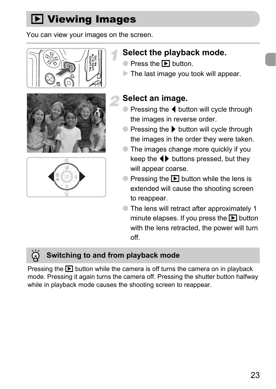 Viewing images, 1 viewing images, Select the playback mode | Select an image | Canon A1100 IS User Manual | Page 23 / 131