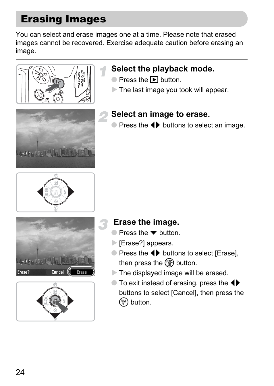 Erasing images, Select the playback mode, Select an image to erase | Erase the image | Canon A1100 IS User Manual | Page 24 / 131