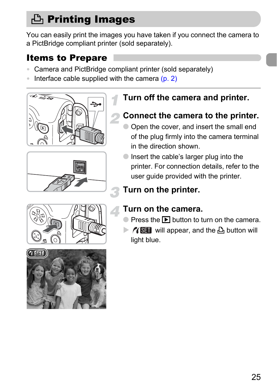 Printing images, 2 printing images, Items to prepare | Canon A1100 IS User Manual | Page 25 / 131